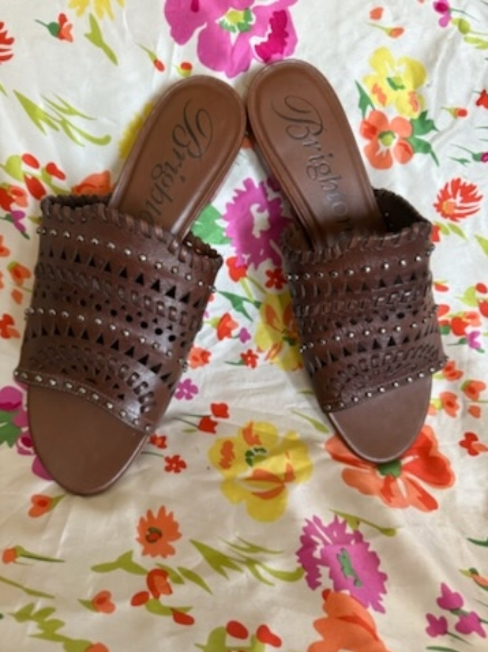 Brighton Brown Perforated Leather Slide Mules Size 7 1/2 M